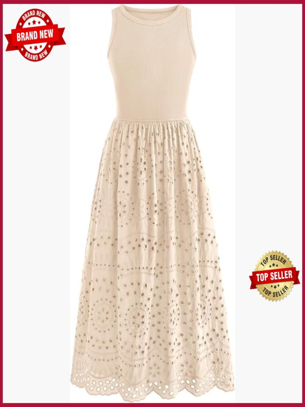 Sleeveless Lace Eyelet Cotton Tank Maxi Dress with Pockets